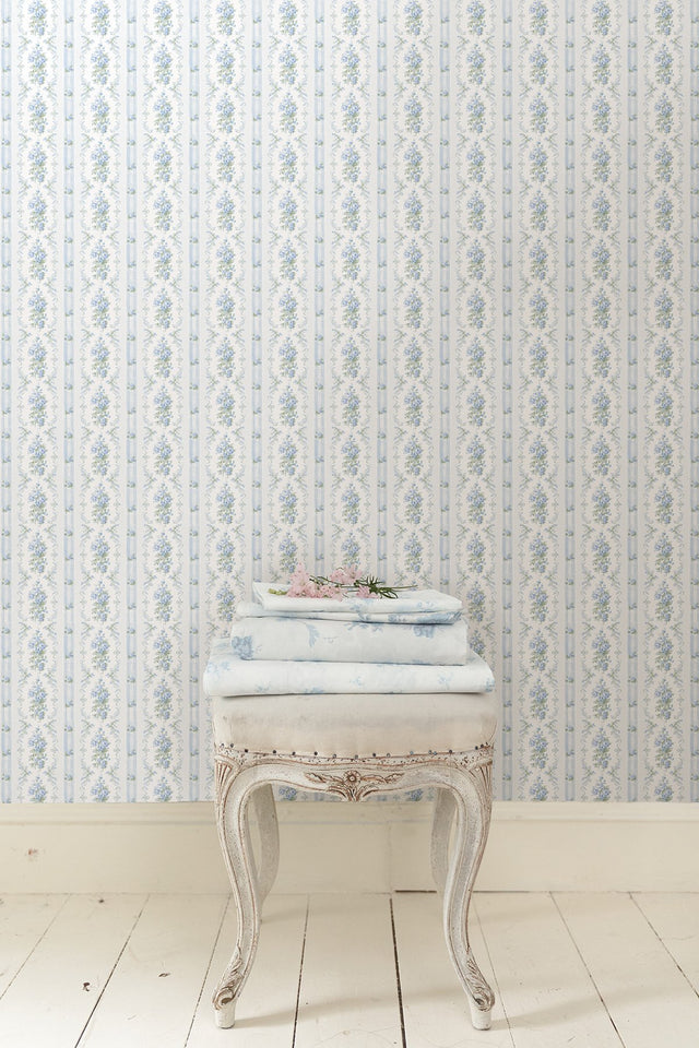 Dreamy Days Sweet Blue Peel & Stick Wallpaper with Vintage Floral Stripe - LFS6112