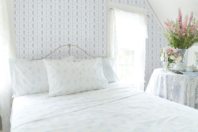 Dreamy Days Sweet Blue Peel & Stick Wallpaper with Vintage Floral Stripe - LFS6112