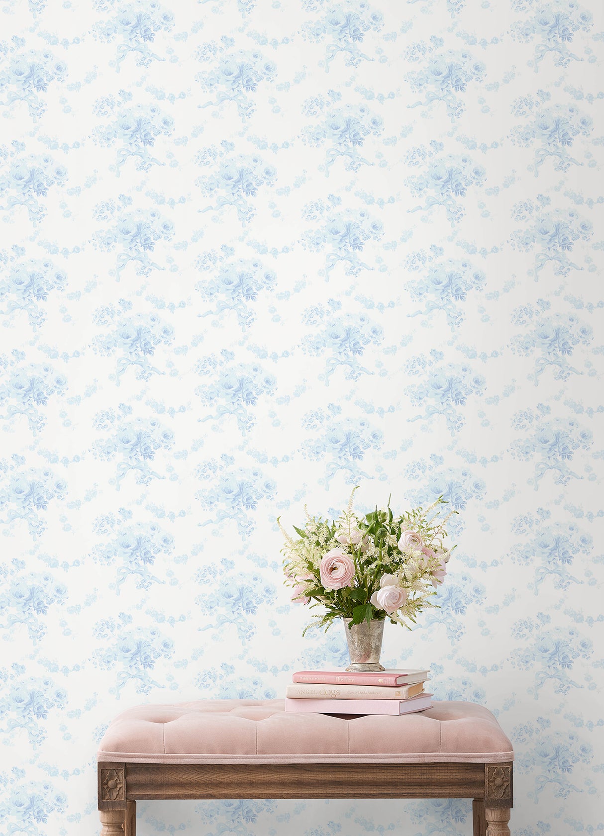 Champagne Harbor Powdered Blue by NuWallpaper LoveShackFancy Vintage Botanical Floral Rose Bouquet Garland Peel & Stick Wallpaper - LFS6434