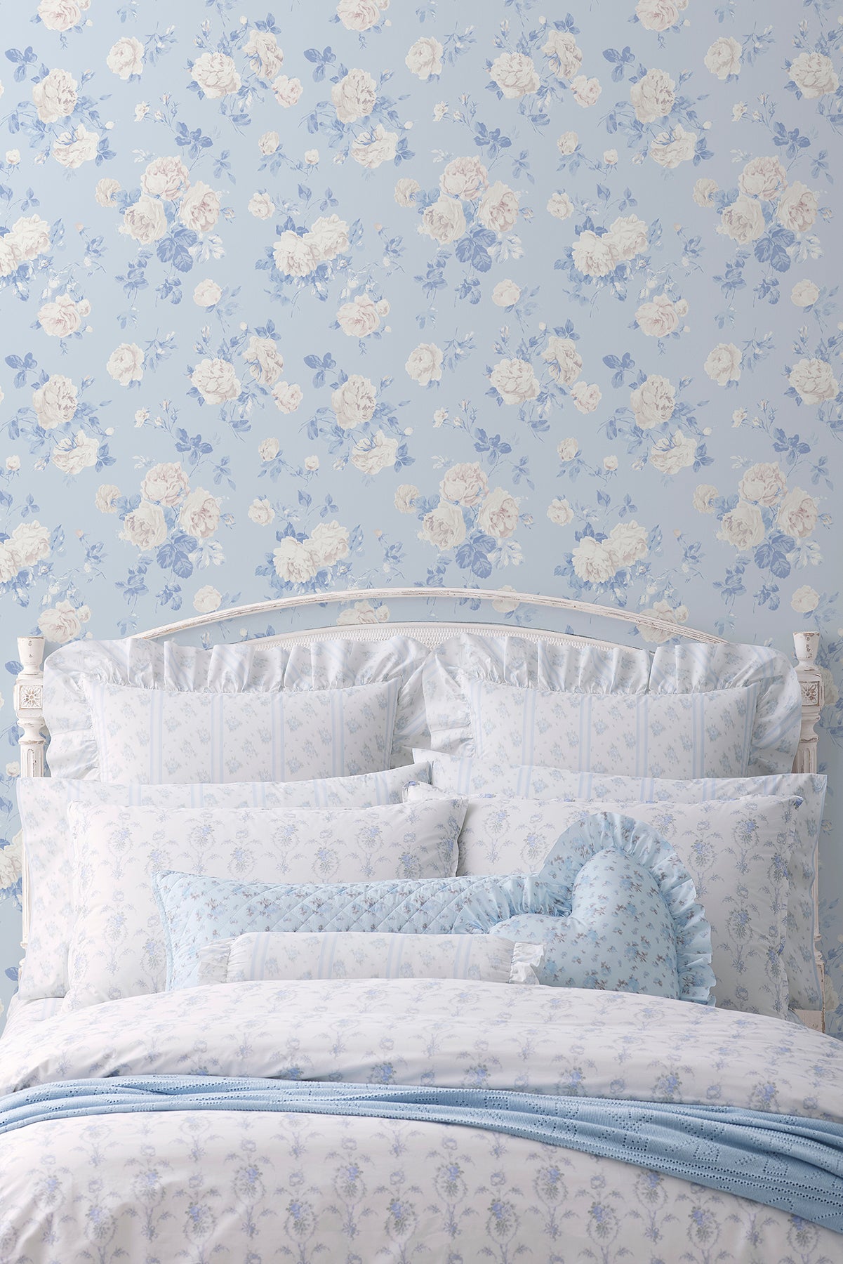 Everblooming Rosettes Whisper Blue by NuWallpaper LoveShackFancy Vintage Cabbage Rose Bouquets Peel and Stick Wallpaper - LFS6490