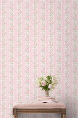 Blooming Heirloom Strawberry Macaron Rose Stripe Peel and Stick Wallpaper by NuWallpaper for LoveShackFancy Botanical Floral Collection - LFS6491