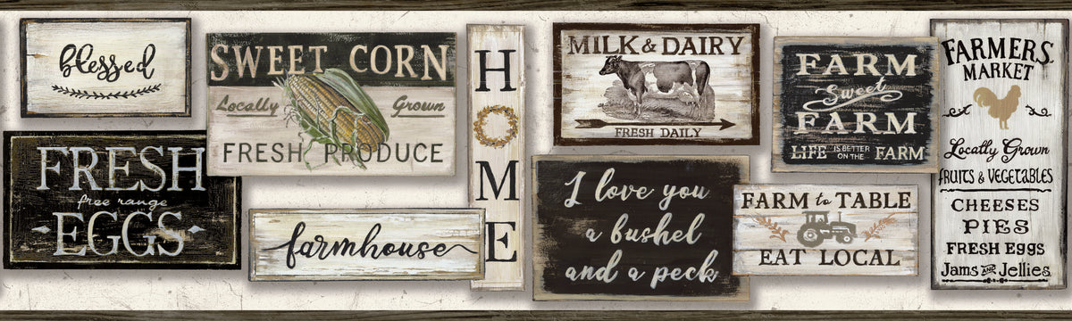 Rustic Farm Border Farm to Table Black Wallpaper Border with Rustic Farmhouse Sign Motif ...