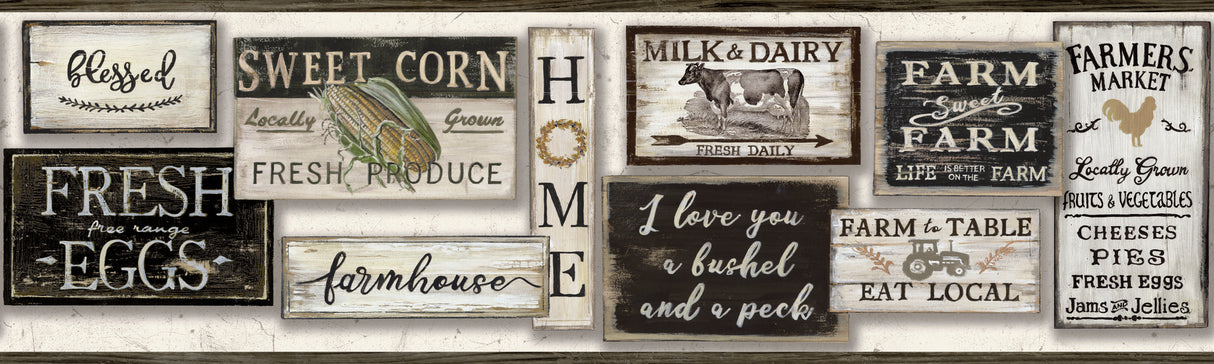 Farm to Table Black Wallpaper Border with Rustic Farmhouse Sign Motif - York LG1360BD