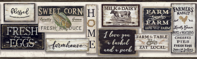 Farm to Table Black Wallpaper Border with Rustic Farmhouse Sign Motif - York LG1360BD