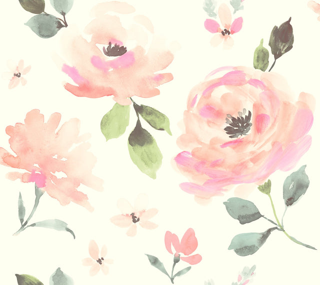 Watercolor Blooms Pinks & Oranges Wallpaper with Floral Watercolor Motif - York LK8318