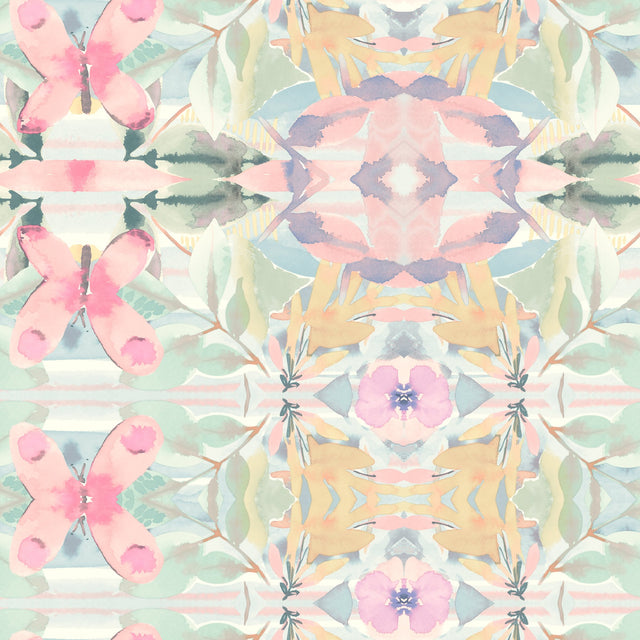 Synchronized Pink & Yellow Wallpaper with Watercolor Floral and Butterfly Motif - York LK8337