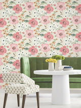 Evelyn Pink by Antonina Vella Lush Botanical Floral Wallpaper Featuring Summertime Blooms on a Variegated Textured Beige Background - LL3200