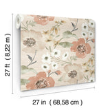 Evelyn Apricot Floral Wallpaper by Antonina Vella Botanical Country Unpasted Non Woven Strippable Washable 27in x 27ft - LL3201