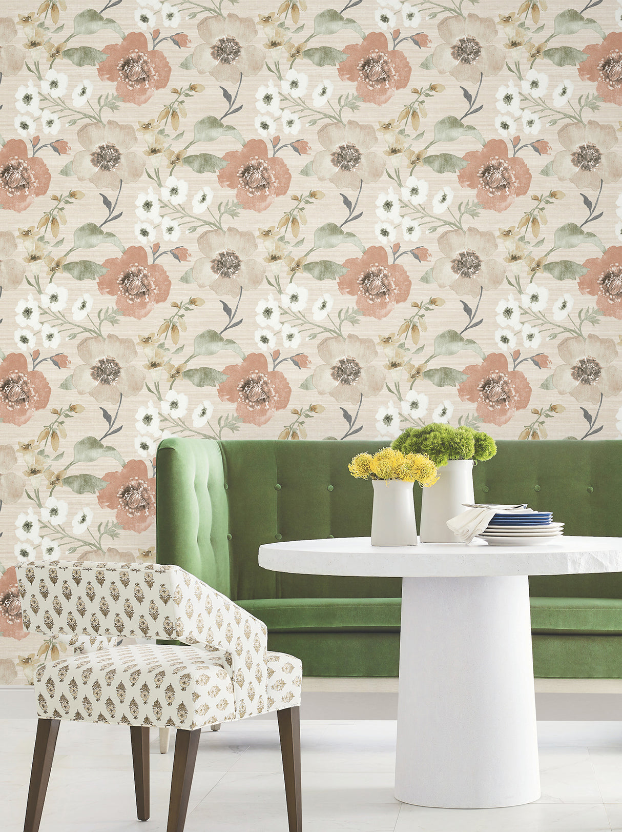 Evelyn Apricot Floral Wallpaper by Antonina Vella Botanical Country Unpasted Non Woven Strippable Washable 27in x 27ft - LL3201