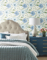 Evelyn Blue Floral Wallpaper by Antonina Vella Layered Luxe Collection Botanical Country Washable Strippable Unpasted Non Woven 27in x 27ft - LL3203