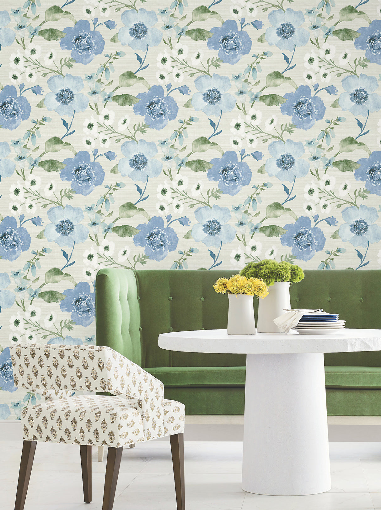 Evelyn Blue Floral Wallpaper by Antonina Vella Layered Luxe Collection Botanical Country Washable Strippable Unpasted Non Woven 27in x 27ft - LL3203