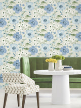 Evelyn Blue Floral Wallpaper by Antonina Vella Layered Luxe Collection Botanical Country Washable Strippable Unpasted Non Woven 27in x 27ft - LL3203