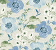 Evelyn Blue Floral Wallpaper by Antonina Vella - LL3203 featuring lush botanical blooms in shades of blue, white, and green on a pale grey textured ground