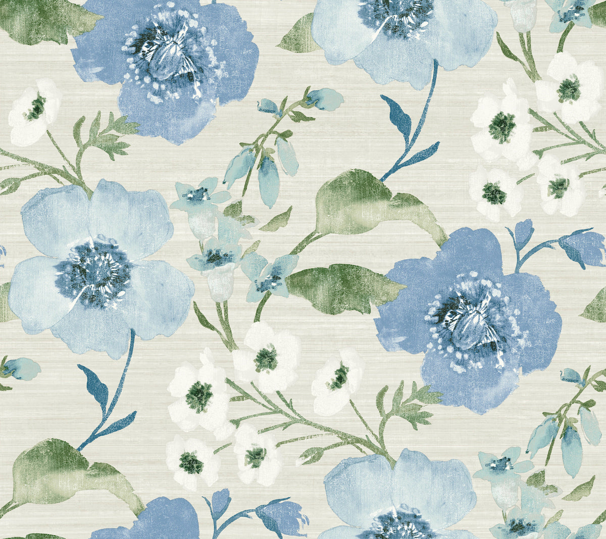 Evelyn Blue Floral Wallpaper by Antonina Vella - LL3203 featuring lush botanical blooms in shades of blue, white, and green on a pale grey textured ground