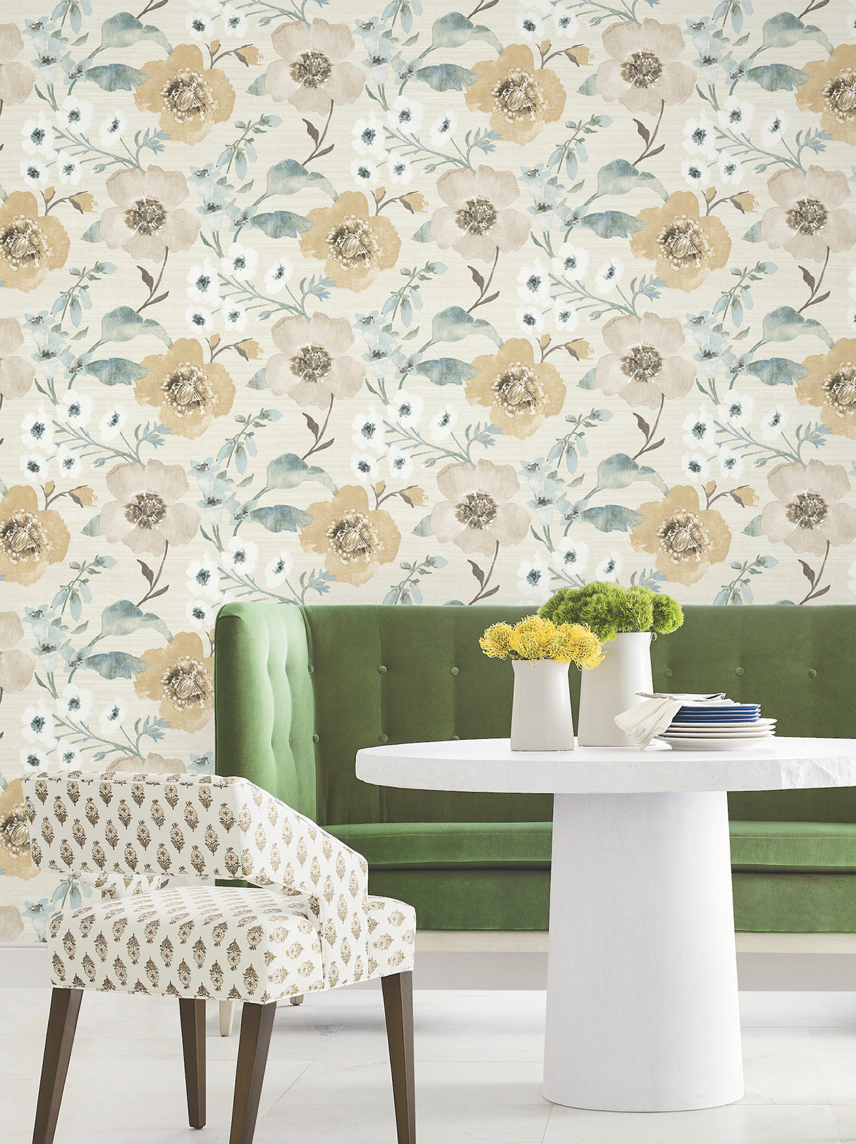 Evelyn Wheat by Antonina Vella Botanical Floral Country Garden Lush Summer Blooms Unpasted Non Woven Sidewall Wallpaper 27 in x 27 ft - LL3204