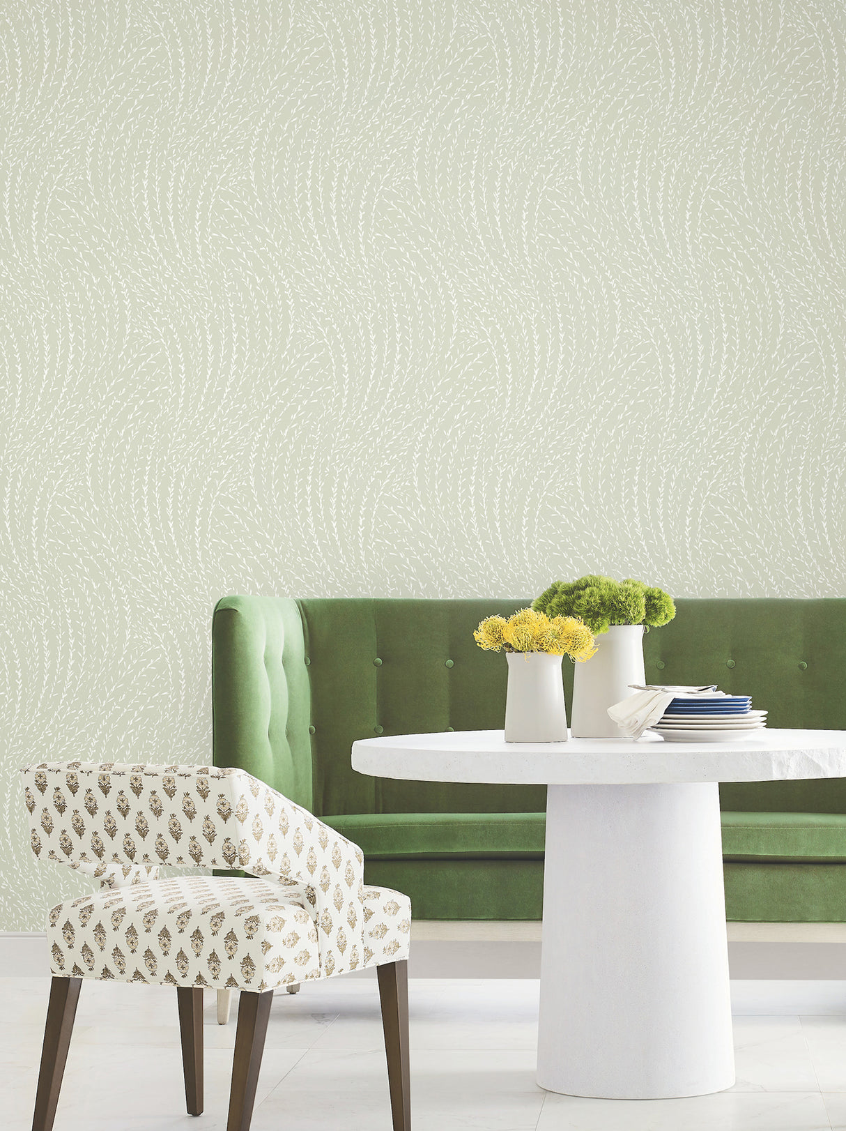 Willow Song Sage Botanical Wallpaper by Antonina Vella from the Layered Luxe Collection, Traditional Non Woven, 27-in by 27-ft - LL3221