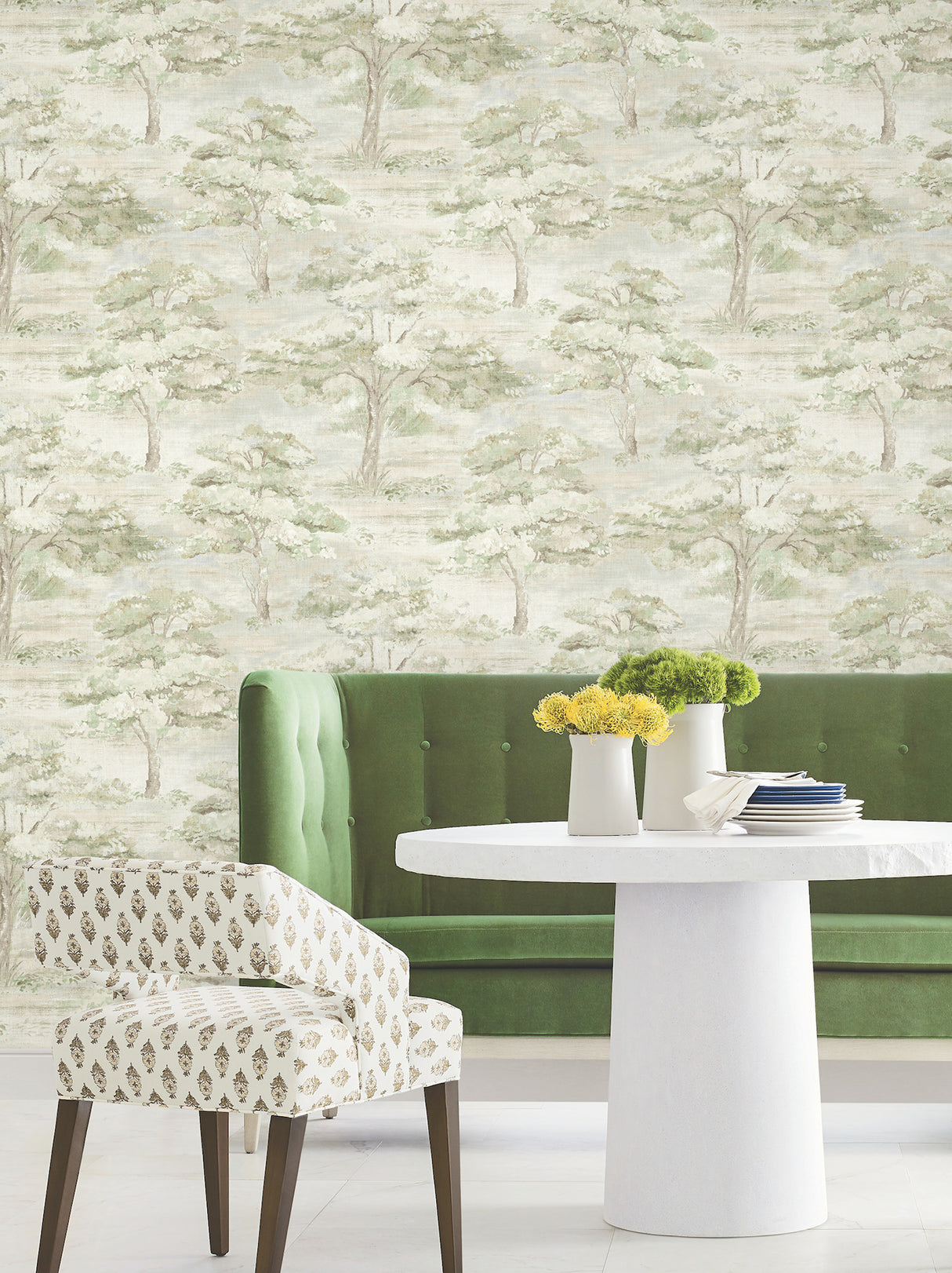 Moreno Green Woodland Wallpaper in Soft Greens Cream and Beige by Antonina Vella Traditional Scenic Botanical Unpasted Non Woven - LL3224