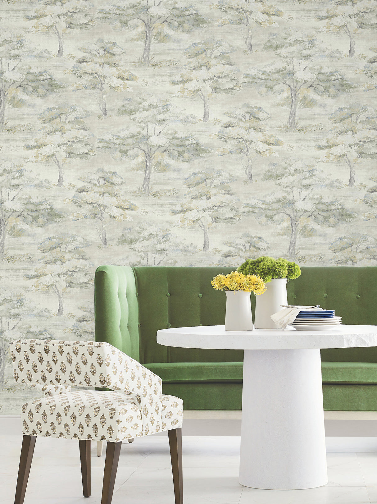 Moreno Slate by Antonina Vella Scenic Woodland Tree Botanical Wallpaper in Soft Grey Green Chartreuse and Light Blue Tones - LL3225
