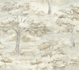 Moreno Neutral Woodland Wallpaper by Antonina Vella - LL3227, scenic trees in beige, taupe, cream, and silver-grey tones