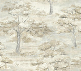 Moreno Neutral Woodland Wallpaper by Antonina Vella - LL3227, scenic trees in beige, taupe, cream, and silver-grey tones