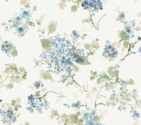 Veiled Garden Sky Blue Floral Wallpaper by Antonina Vella - LL3229, a watercolor-style botanical pattern featuring blue hydrangeas, aqua blooms, green foliage, and beige accents on a white linen-textured background