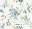 Veiled Garden Sky Blue Floral Wallpaper by Antonina Vella - LL3229, a watercolor-style botanical pattern featuring blue hydrangeas, aqua blooms, green foliage, and beige accents on a white linen-textured background