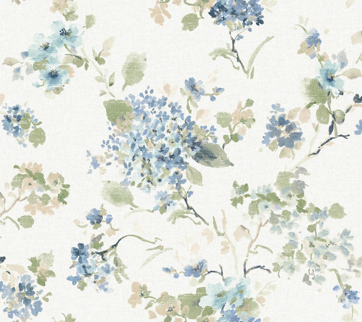 Veiled Garden Sky Blue Floral Wallpaper by Antonina Vella - LL3229, a watercolor-style botanical pattern featuring blue hydrangeas, aqua blooms, green foliage, and beige accents on a white linen-textured background