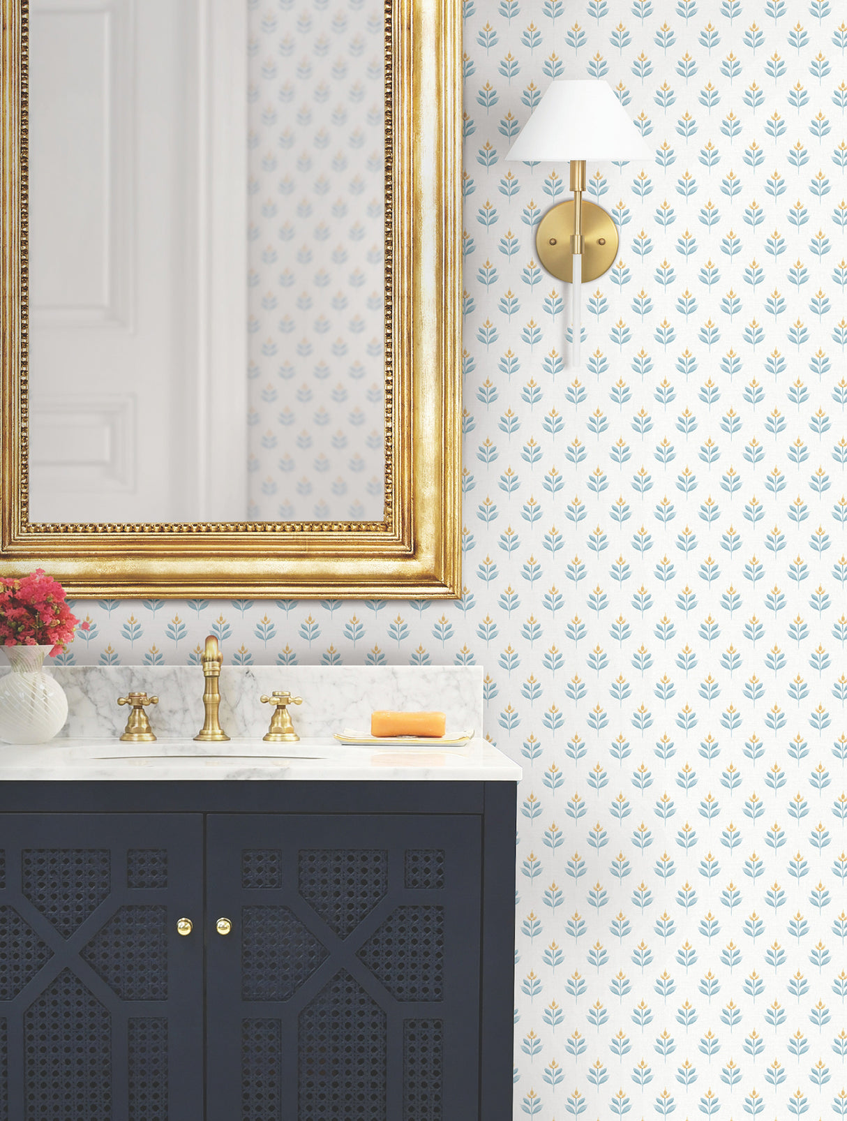 Serene Villa Teal Floral Stamp Wallpaper by Antonina Vella Layered Luxe Traditional Botanical Non Woven Sidewall - LL3233