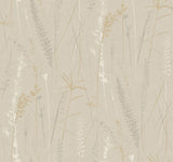 Meadow Splendor Neutral Botanical Wallpaper by Antonina Vella - LL3239, featuring metallic gold, pewter, and white prairie grass silhouettes on a taupe non woven background