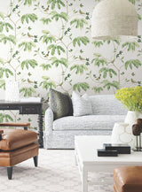 Cillian Green Botanical Bird Trail Wallpaper, Traditional Bird and Botanical Design in Green by Antonina Vella Layered Luxe - LL3250