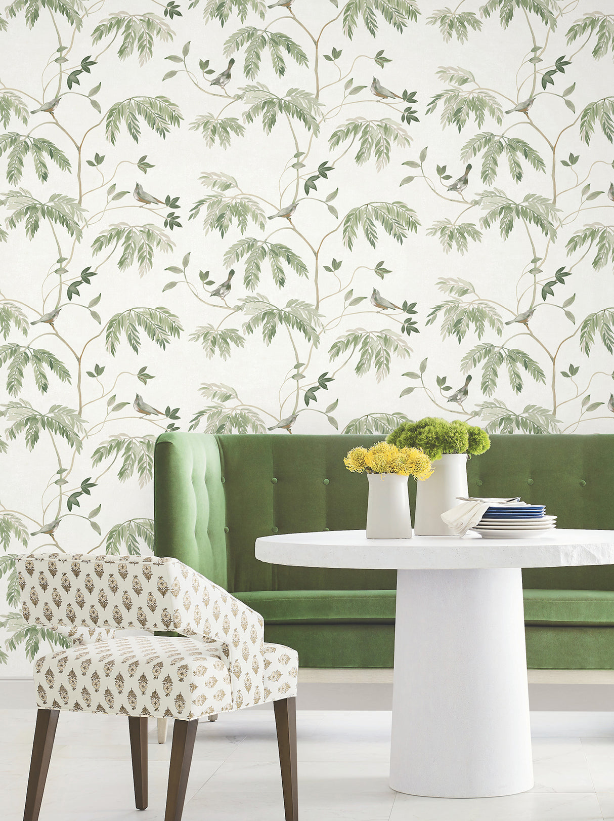 Cillian Dark Green by Antonina Vella Botanical Bird Trail Unpasted Non Woven Wallpaper 27in x 27ft Roll Covering About 60.8 Square Feet - LL3251