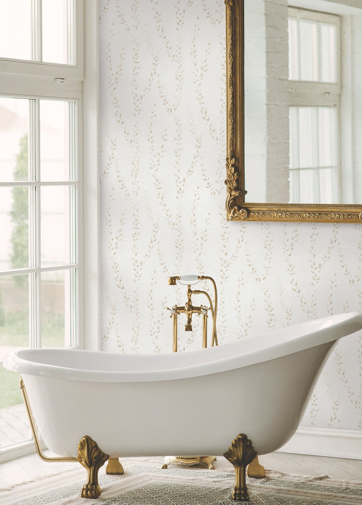 Alpenrose Beige Botanical Climbing Vine Wallpaper by Antonina Vella - Layered Luxe Traditional Non Woven Unpasted Washable Sidewall Roll - LL3254