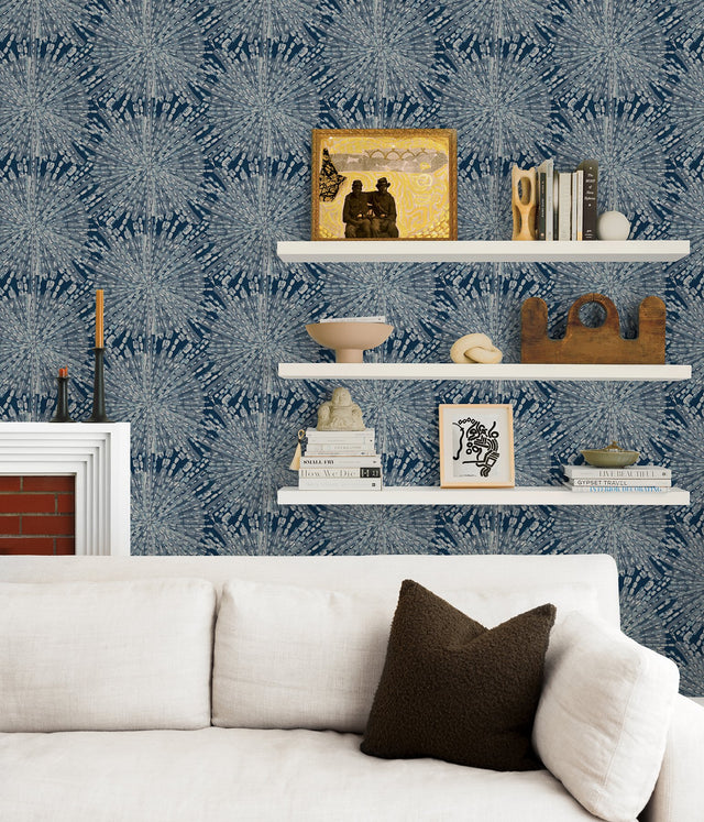 Sunburst Navy Peel & Stick Wallpaper with Metallic Geometric Bohemian Pattern - NuWallpaper LLS4116