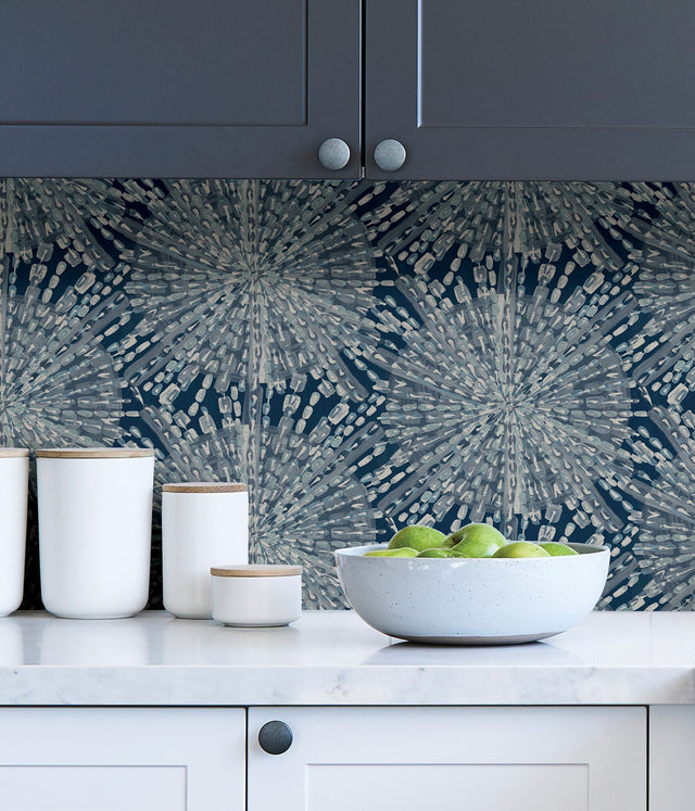 Sunburst Navy Peel & Stick Wallpaper with Metallic Geometric Bohemian Pattern - NuWallpaper LLS4116