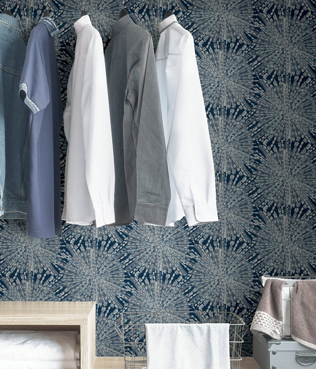 Sunburst Navy Peel & Stick Wallpaper with Metallic Geometric Bohemian Pattern - NuWallpaper LLS4116