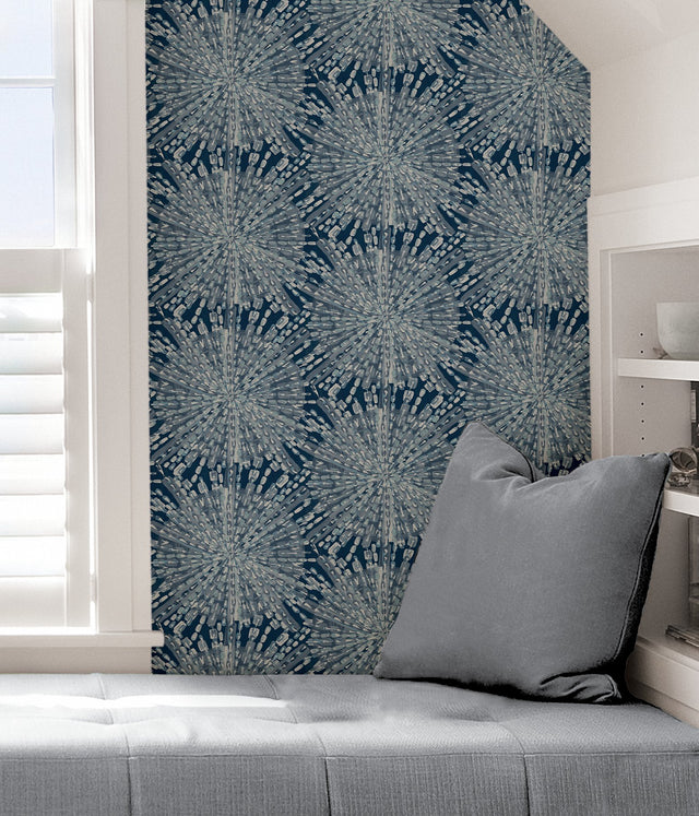 Sunburst Navy Peel & Stick Wallpaper with Metallic Geometric Bohemian Pattern - NuWallpaper LLS4116