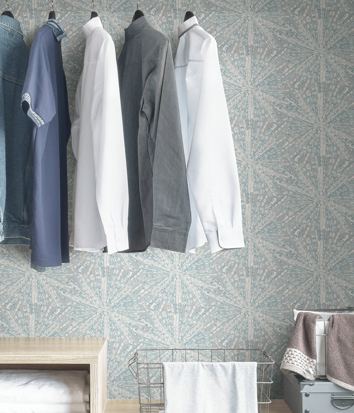 Sunburst Grey Blue Peel & Stick Wallpaper with Metallic Geometric Abstract Bohemian Pattern - NuWallpaper LLS4118