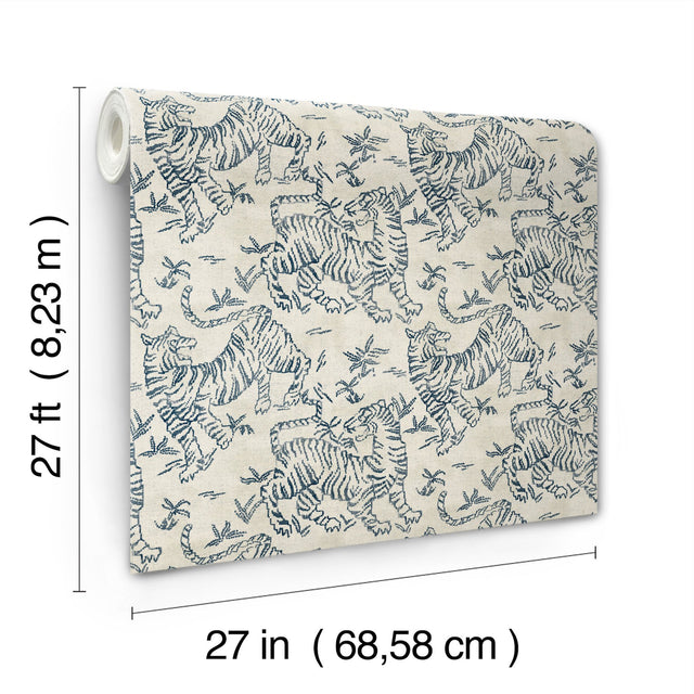 Orly Tigers Indigo Wallpaper with Vintage Tiger Motif - York LM5333