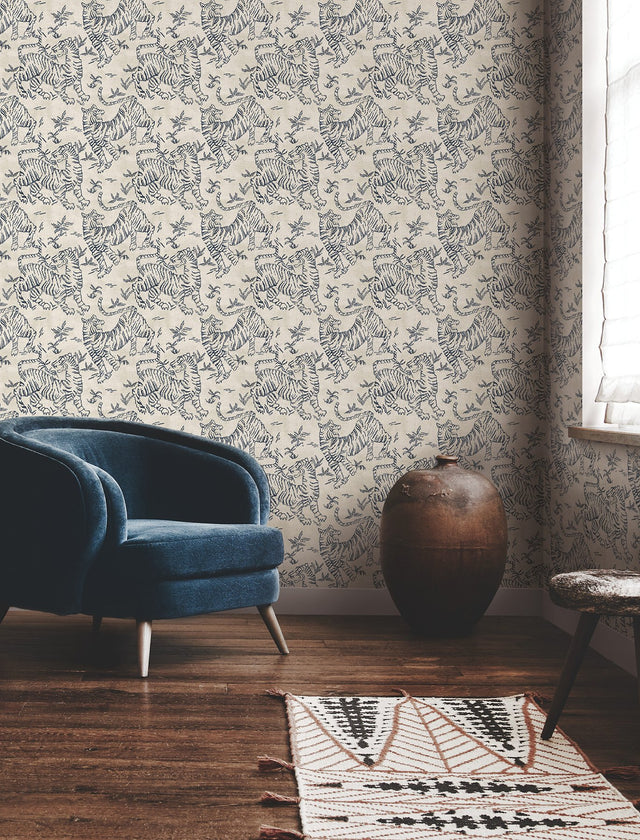 Orly Tigers Indigo Wallpaper with Vintage Tiger Motif - York LM5333