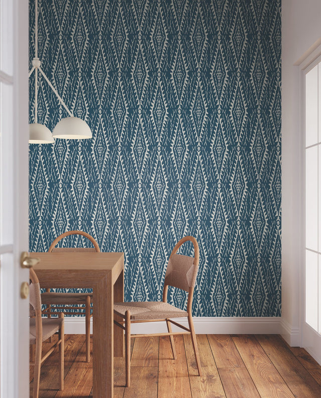 Rousseau Paperweave Indigo Wallpaper with Ikat Diamond Geometric Pattern - York LM5344