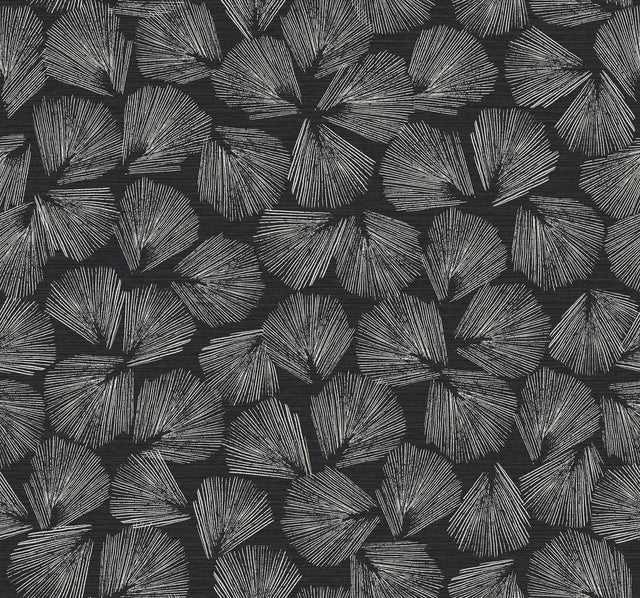 Elora Leaf Black Wallpaper with Metallic Botanical Fan-Leaf Motif - York LM5351