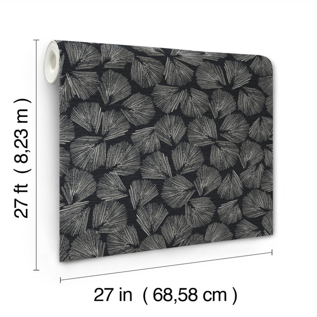 Elora Leaf Black Wallpaper with Metallic Botanical Fan-Leaf Motif - York LM5351