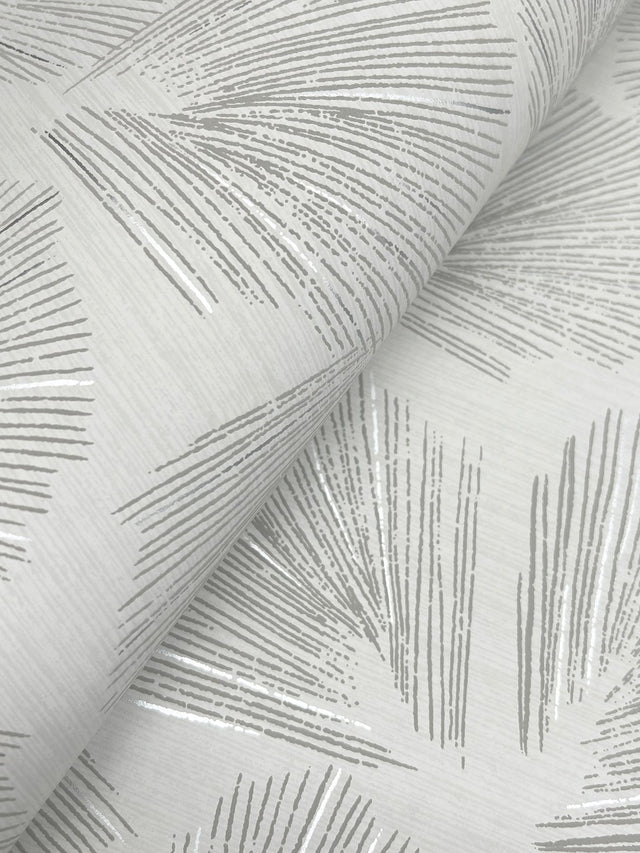 Elora Leaf Grey Wallpaper with Metallic Botanical Fan Motif - York LM5355