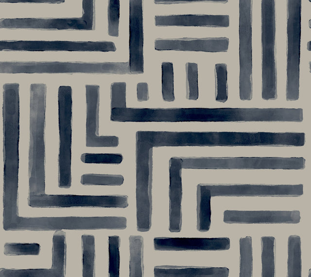 Painterly Labyrinth Navy Wallpaper with Watercolor Geometric Maze Pattern - York LM5361