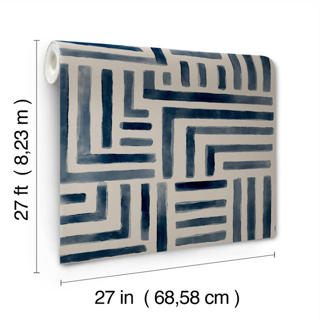 Painterly Labyrinth Navy Wallpaper with Watercolor Geometric Maze Pattern - York LM5361