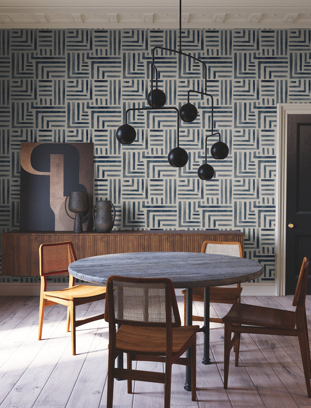Painterly Labyrinth Navy Wallpaper with Watercolor Geometric Maze Pattern - York LM5361