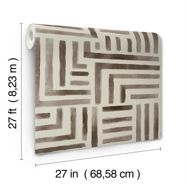 Painterly Labyrinth Warm Neutral Wallpaper with Geometric Watercolor Maze Motif - York LM5363