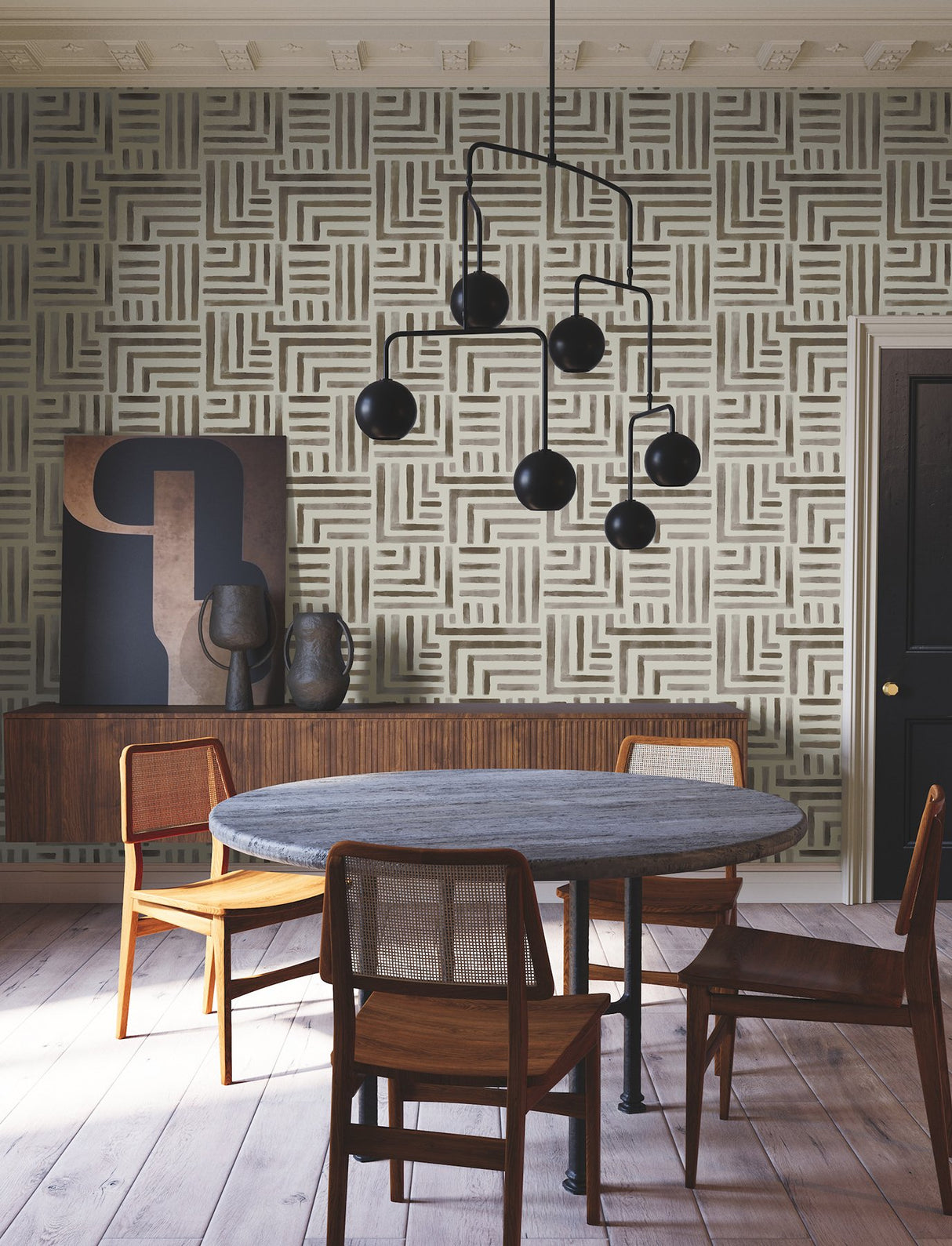 Painterly Labyrinth Warm Neutral Wallpaper with Geometric Watercolor Maze Motif - York LM5363