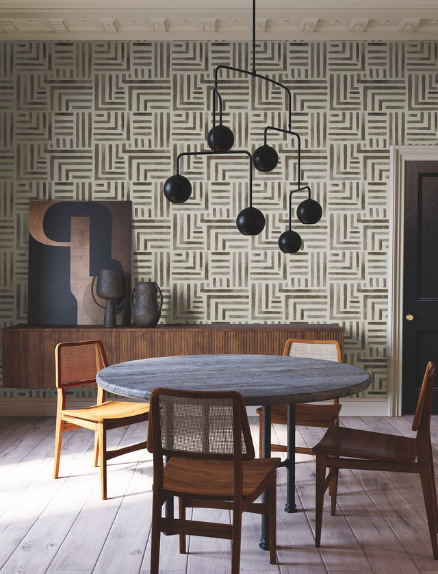 Painterly Labyrinth Warm Neutral Wallpaper with Geometric Watercolor Maze Motif - York LM5363