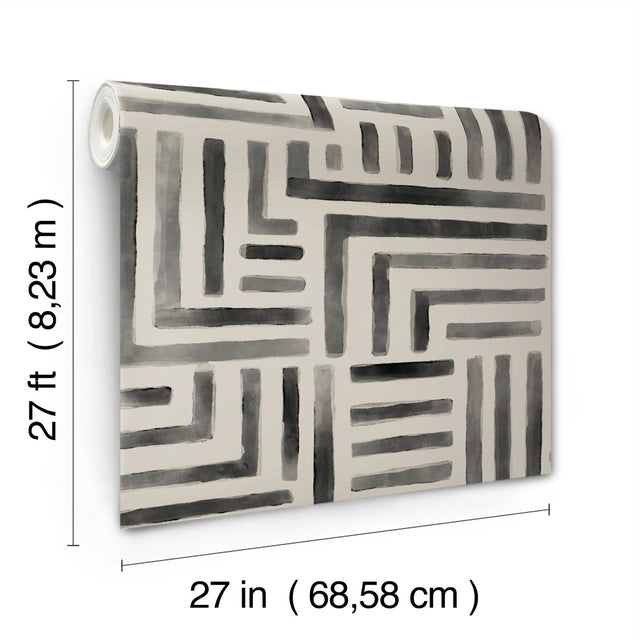 Painterly Labyrinth Charcoal Geometric Non Woven Wallpaper - York LM5365